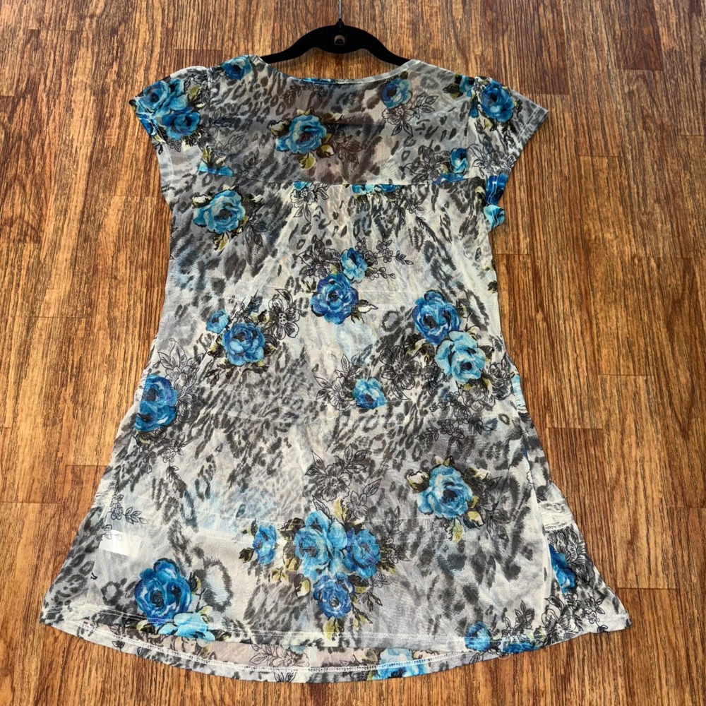 Self Esteem Tunic Top Y2K Sheer Floral Lace Babydoll Blue Gray Medium Fairycore - Picture 5 of 9